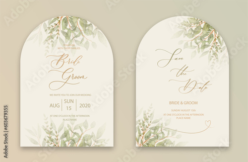 Wedding Arch Invitation with calligraphy and green watercolor botanical leaves. Abstract floral art background vector design for wedding and vip cover template.