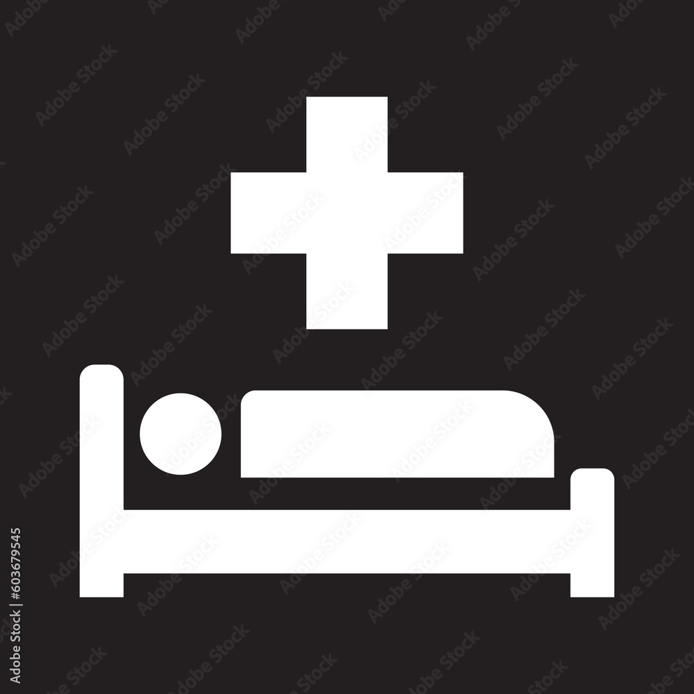 Hospital white medical icon symbol with medical cross and person in bed, vector illustration isolated on black backround. Patient icon in hospital bed, healthcare illustration EPS 10. Hospital white medical icon symbol with medical cross and person in bed, vector illustration isolated on black backround. Patient icon in hospital bed, healthcare illustration EPS 10.