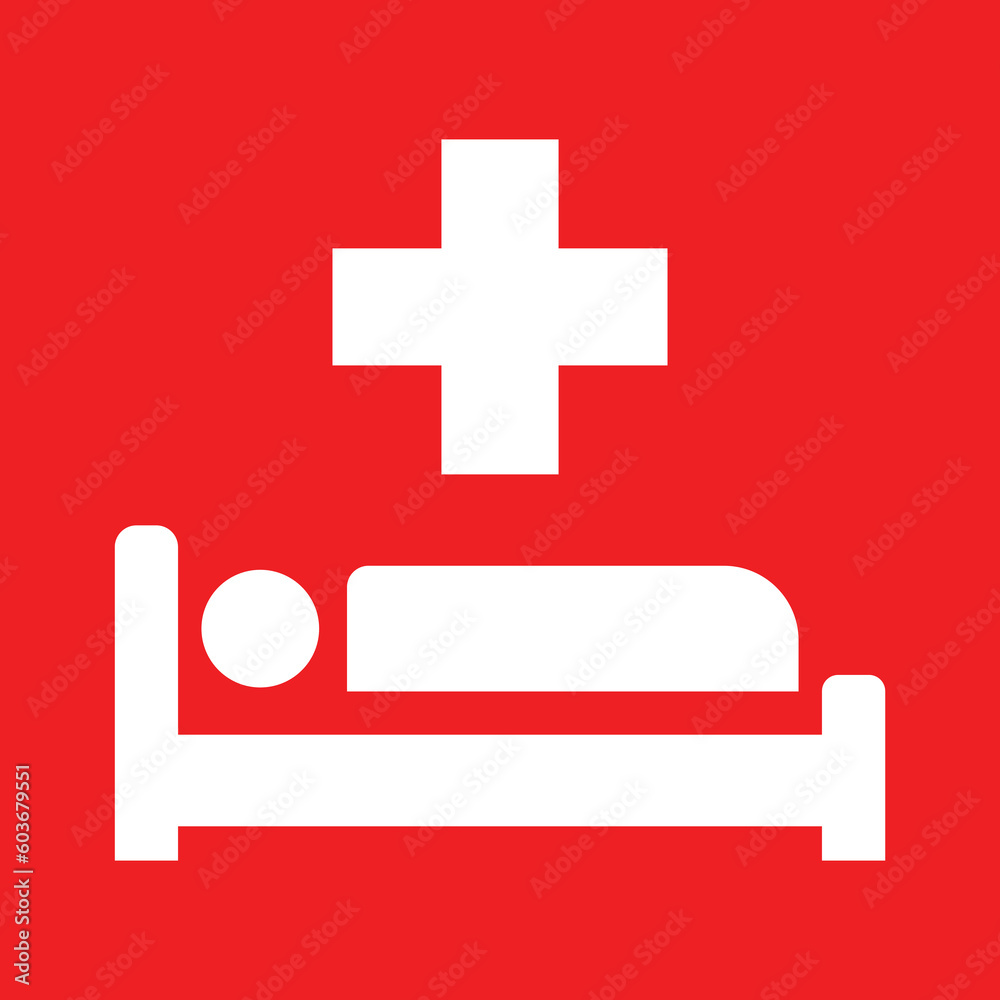 Hospital white medical icon symbol with medical cross and person in bed, vector illustration isolated on red backround. Patient icon in hospital bed, healthcare illustration EPS 10. Hospital white medical icon symbol with medical cross and person in bed, vector illustration isolated on red backround. Patient icon in hospital bed, healthcare illustration EPS 10.