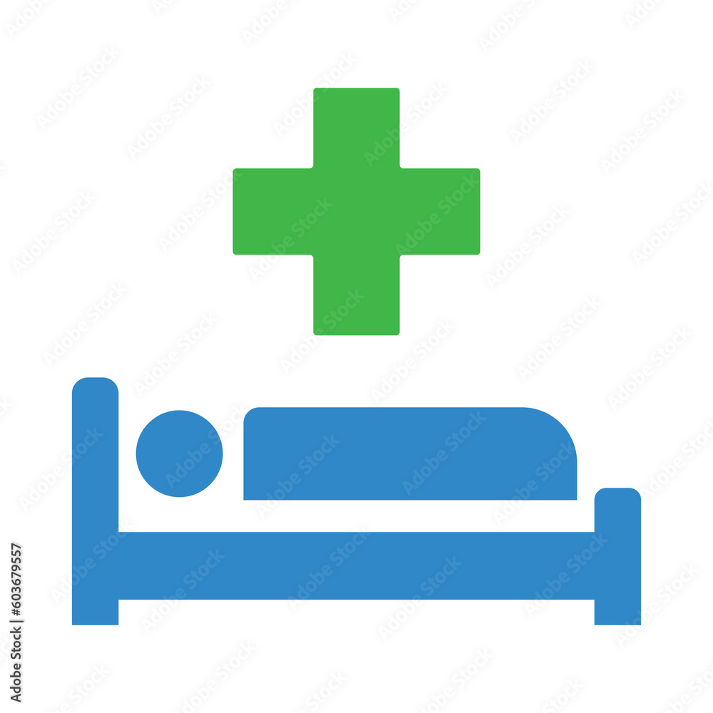 Hospital medical icon symbol with green medical cross and person in blue bed vector illustration isolated on white backround. Patient icon in hospital bed, healthcare illustration EPS 10. Hospital medical icon symbol with green medical cross and person in blue bed vector illustration isolated on white backround. Patient icon in hospital bed, healthcare illustration EPS 10.