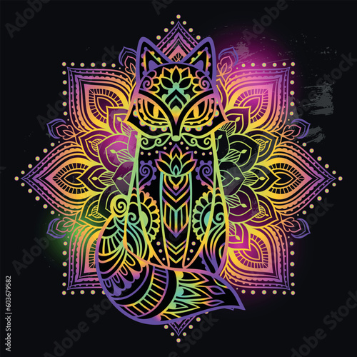 Fox mandala head psychedelic. Vector illustration. Colorful Ethnic drawing. Fox animal in Zen boho style. For party hippie, hallucination psilocybin 60s, 70s
