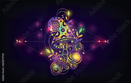 Magic Mushrooms. Psychedelic poster.Vector illustration. Zen boho art. Decorative mushrooms, hippie, neon, hallucination psilocybin 60s 70s