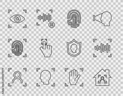 Set line Face recognition, Smart home with face id, Fingerprint, Eye scan, Palm and Voice icon. Vector