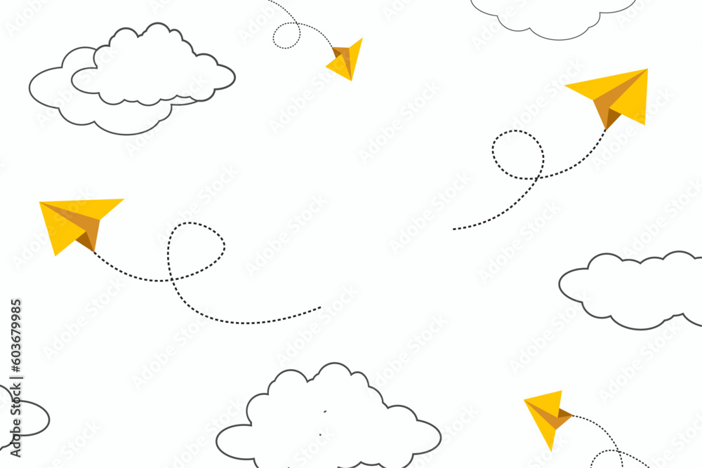 School notebook background with yellow paper airplanes. 3d flying paper ...