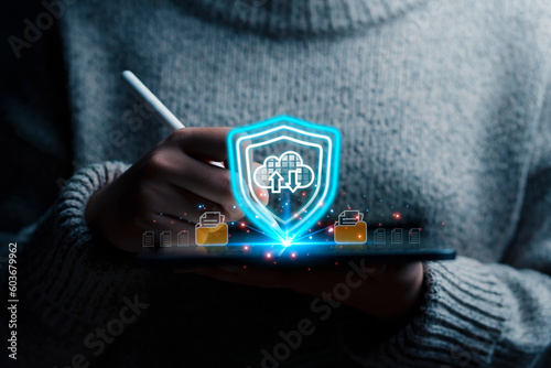 User protecting database information from dangerous of technology and cybernetics on cloud and internet , Cyber attack global internet network, Cyber security and customer privacy protection.