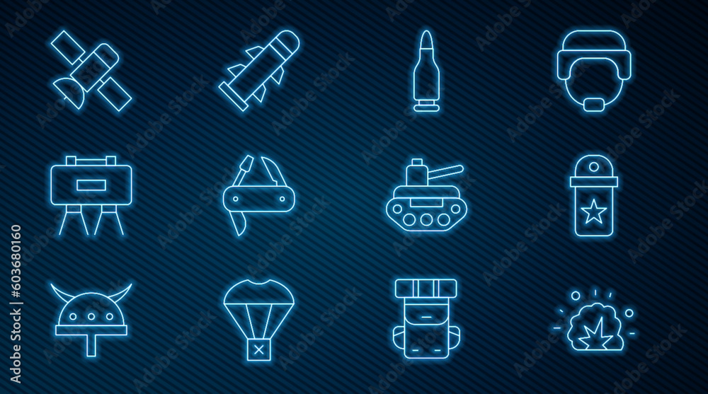 Set line Bomb explosion, Chevron, Bullet, Swiss army knife, Military mine, Satellite, tank and Rocket icon. Vector Set line Bomb explosion, Chevron, Bullet, Swiss army knife, Military mine, Satellite, tank and Rocket icon. Vector