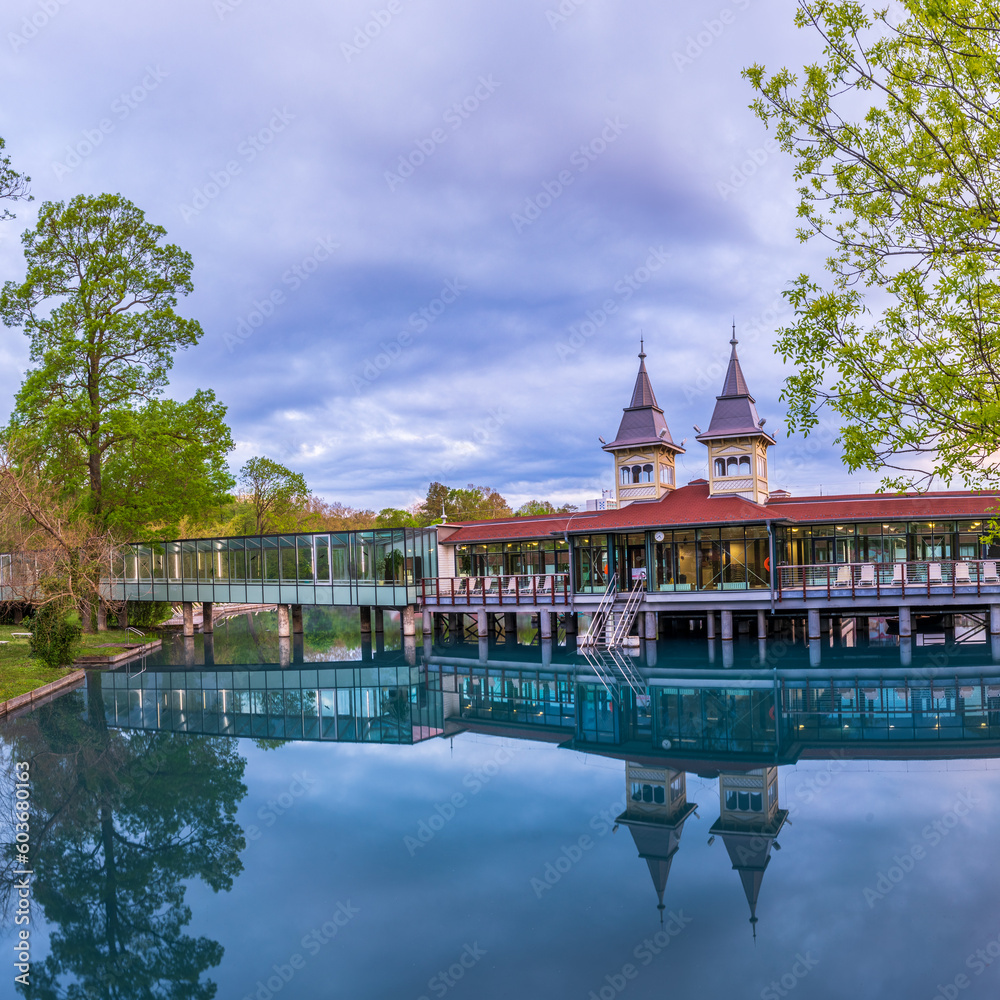Naklejka premium The buildings of the Hévíz Lake Spa, Hungary
