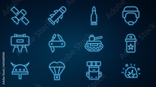 Set line Bomb explosion  Chevron  Bullet  Swiss army knife  Military mine  Satellite  tank and Rocket icon. Vector