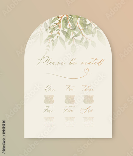 Please be seated wedding card with green watercolor botanical leaves. Abstract floral art background vector design.