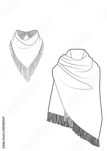 women's accessory blanket draped fringed scarf fashion vector technical drawing,template,CAD