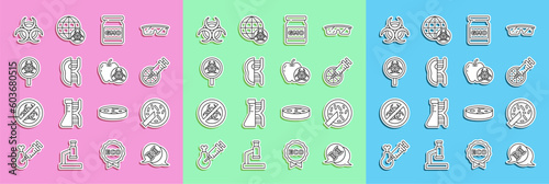 Set line DNA symbol, Petri dish with bacteria, Genetically modified orange, GMO, meat, Biohazard and magnifying glass, and apple icon. Vector