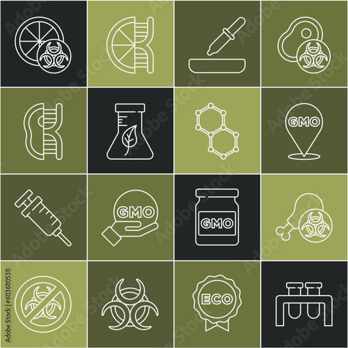 Set line Test tube and flask, Gmo research chicken, GMO, Pipette, Genetically modified meat, orange and Chemical formula icon. Vector