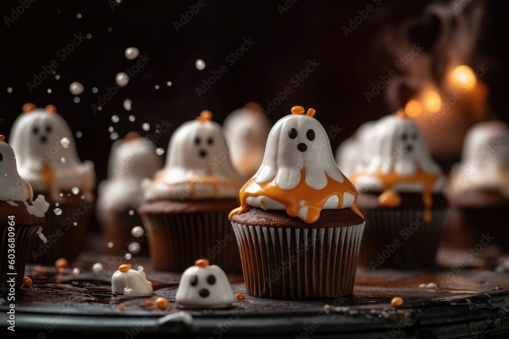 Sweet food for Halloween - Ghost cupcakes decorated with Halloween-inspired decorations, in the style of dark orange and dark brown. Generative AI