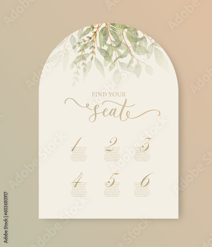 Find your seat wedding card with green watercolor botanical leaves. Abstract floral art background vector design.