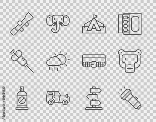 Set line Spray against insects, Flashlight, Tourist tent, Off road car, Sniper optical sight, Cloud with rain, Road traffic sign and Monkey icon. Vector
