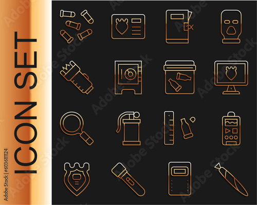 Set line Marijuana joint, Dictaphone, Police database, station folder, Safe, electric shocker, Bullet and Evidence bag with bullet icon. Vector