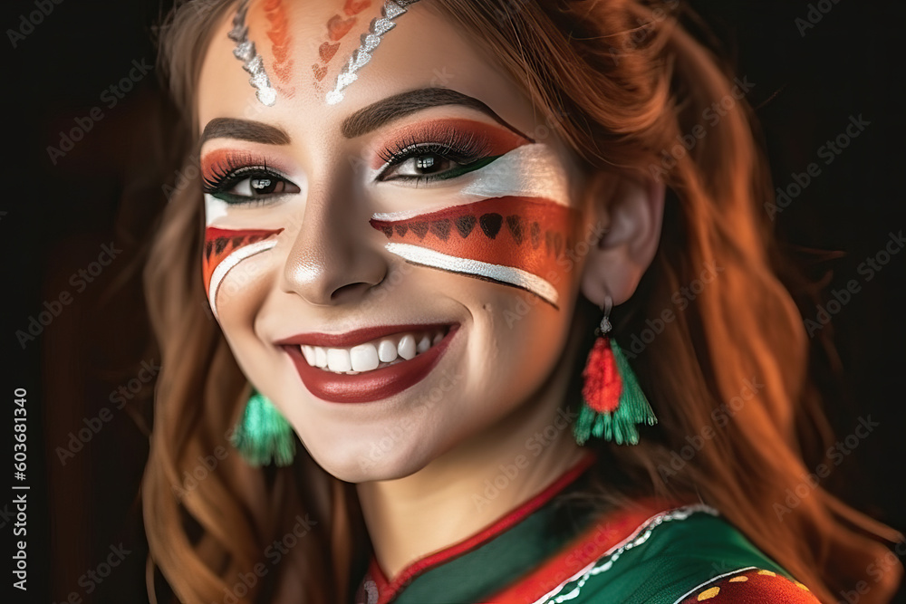A woman with a painted face smiling A woman with a painted face smiling