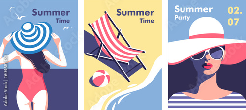 Summer time. Concept of summer party and travel. Perfect background on the theme of season vacation, weekend, beach. Vector illustration in minimalistic style for posters, cover art, flyer, banner.