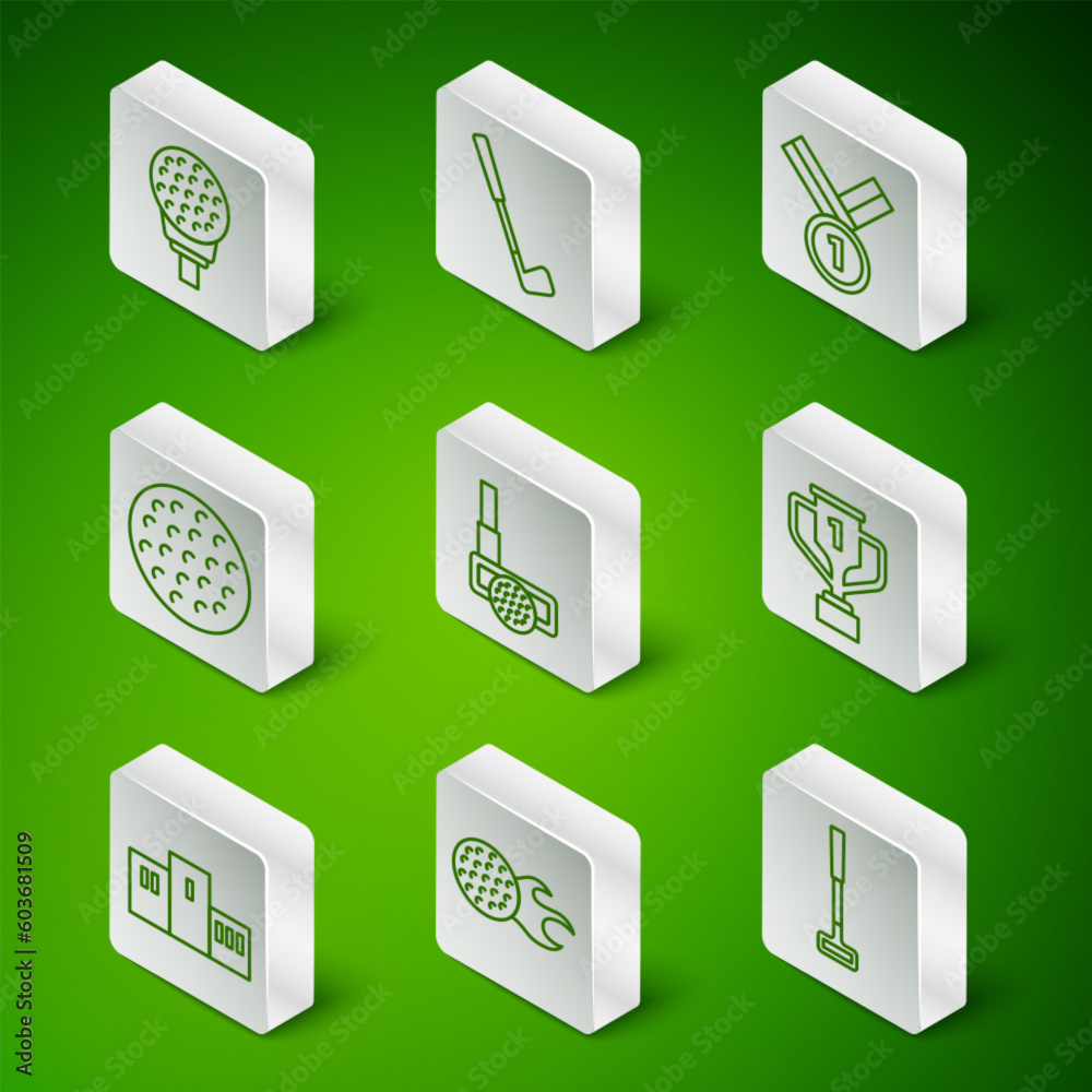 Set line Golf club, ball, on tee, with, Award over sports winner podium and cup golf icon. Vector Set line Golf club, ball, on tee, with, Award over sports winner podium and cup golf icon. Vector