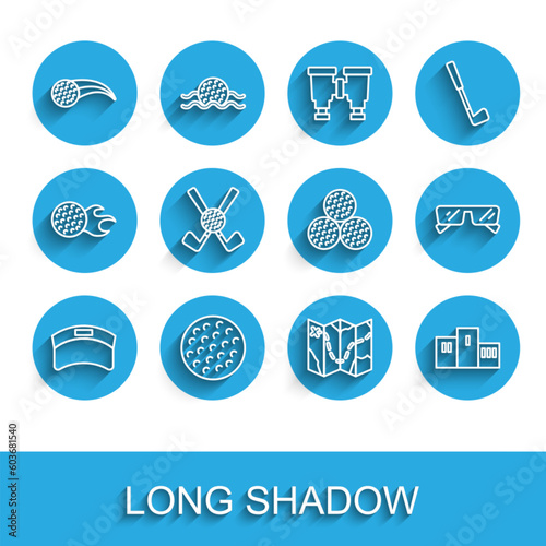 Set line Sun visor cap, Golf ball, course layout, Award over sports winner podium, Crossed golf club with, Glasses and icon. Vector