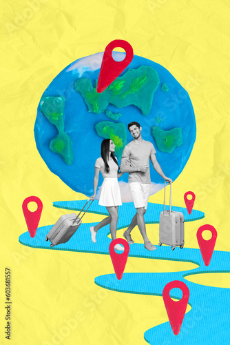Vertical collage of two black white colors mini people hold hands suitcase walk destination mark route big planet earth globe yellow paper background