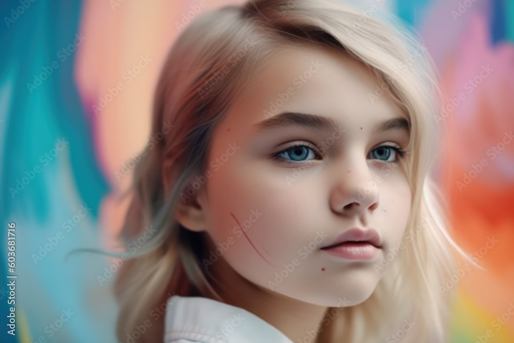 Young girl on abstract background, that reflects the girl's playful spirit. Generative AI Young girl on abstract background, that reflects the girl's playful spirit. Generative AI