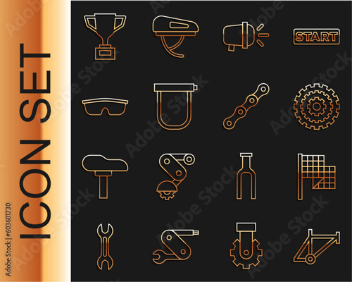 Set line Bicycle frame, Checkered flag, cassette, head lamp, lock, Sport cycling sunglasses, Award cup with bicycle and chain icon. Vector