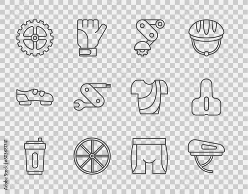 Set line Sport bottle with water, Bicycle helmet, Derailleur bicycle rear, wheel, sprocket crank, Swiss army knife, Cycling shorts and seat icon. Vector