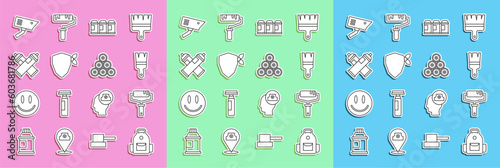 Set line School backpack, Paint roller brush, spray can, Vandal, Security camera and icon. Vector