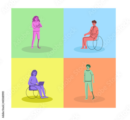 Set of illustrations of people with disabilities. Inclusive workplace, diverse business. Disabled people in different situations