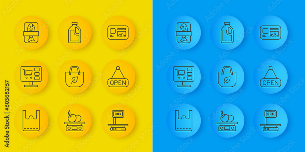 Set line Paper shopping bag, Shopping cart on computer, with recycle, Electronic scales, Hanging sign Open, Fish plastic tray container, Identification badge and Bottle for cleaning agent icon. Vector Set line Paper shopping bag, Shopping cart on computer, with recycle, Electronic scales, Hanging sign Open, Fish plastic tray container, Identification badge and Bottle for cleaning agent icon. Vector