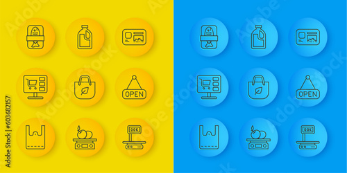 Set line Paper shopping bag, Shopping cart on computer, with recycle, Electronic scales, Hanging sign Open, Fish plastic tray container, Identification badge and Bottle for cleaning agent icon. Vector