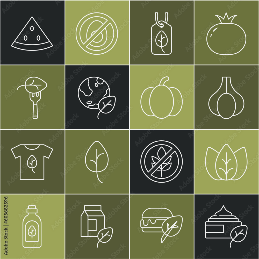 Set line Organic cosmetic, Leaf or leaves, Garlic, Vegan food diet, Earth globe and leaf, Watermelon and Pumpkin icon. Vector Set line Organic cosmetic, Leaf or leaves, Garlic, Vegan food diet, Earth globe and leaf, Watermelon and Pumpkin icon. Vector