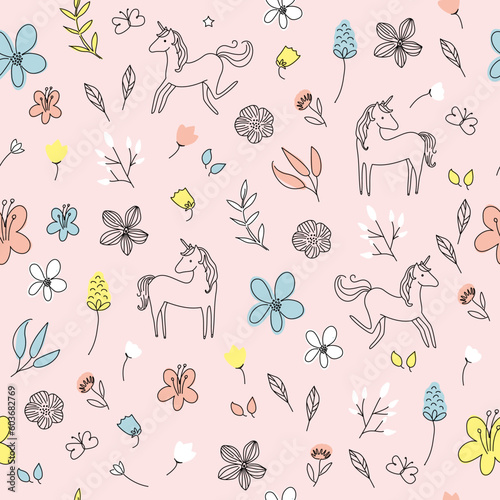 Magical fantasy unicorn pattern. Editable and repeating vector illustration file. Childish print design. Can use for fashion, wallpaper, web, print, etc.