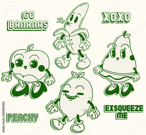 Ftuits groovy illustration stickers retro style