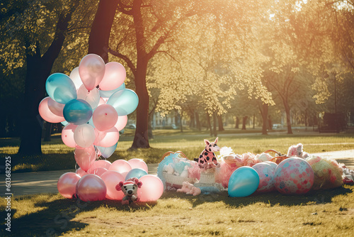 Decoration of baby shower with Pink and Blue balloonsin the park. Summer time. Generated Ai