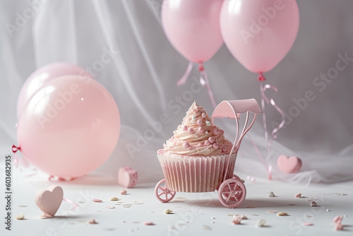 Beautifully decorated baby shower pink cupcake for girl with cream and toppers on white background. Generated Ai