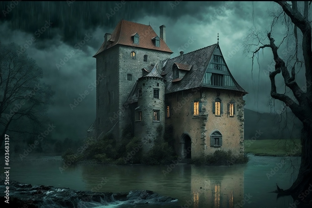 Old castle in dark rainy day. AI