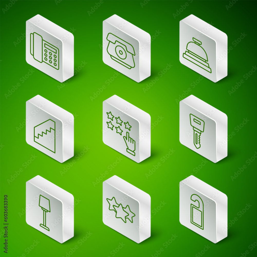 Set line Please do not disturb, Stars rating, Telephone handset, Stairs, Table lamp and Hotel door lock key icon. Vector Set line Please do not disturb, Stars rating, Telephone handset, Stairs, Table lamp and Hotel door lock key icon. Vector