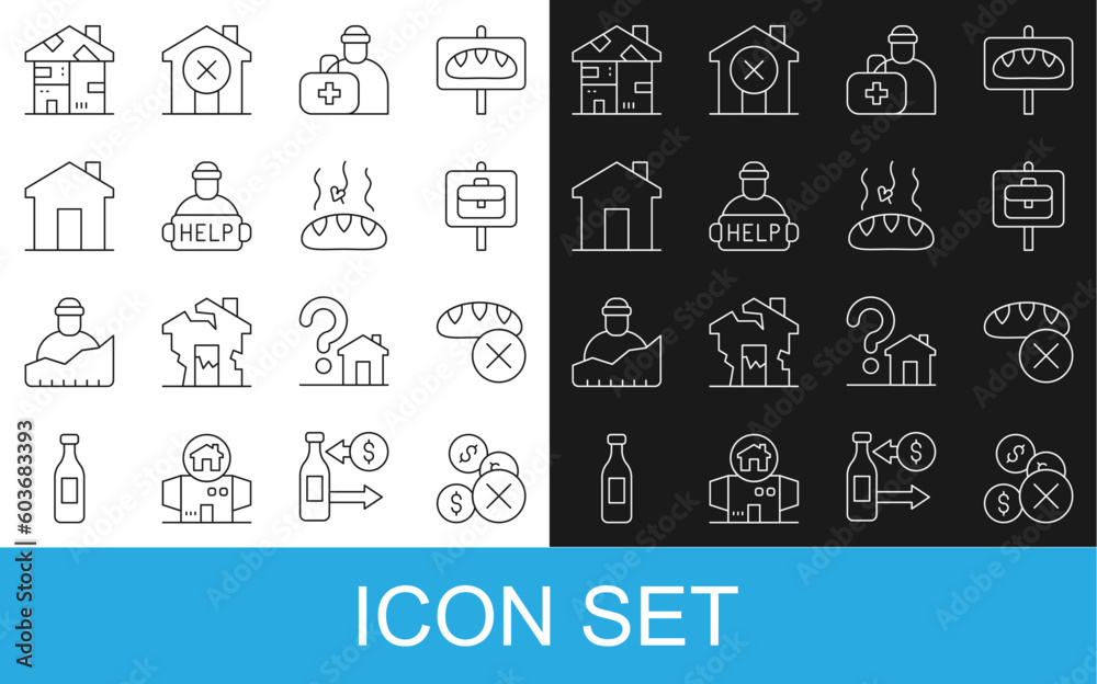 Set line No money, Donation food, Work search, First aid kit, Help homeless, Real estate, Homeless cardboard house and icon. Vector