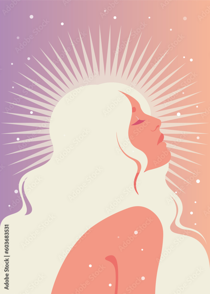Portrait of a peaceful woman in profile. A face of a serene fashion model. Sunshine. Retreat. Wellness. Avatar for social media. Vector illustration in flat style