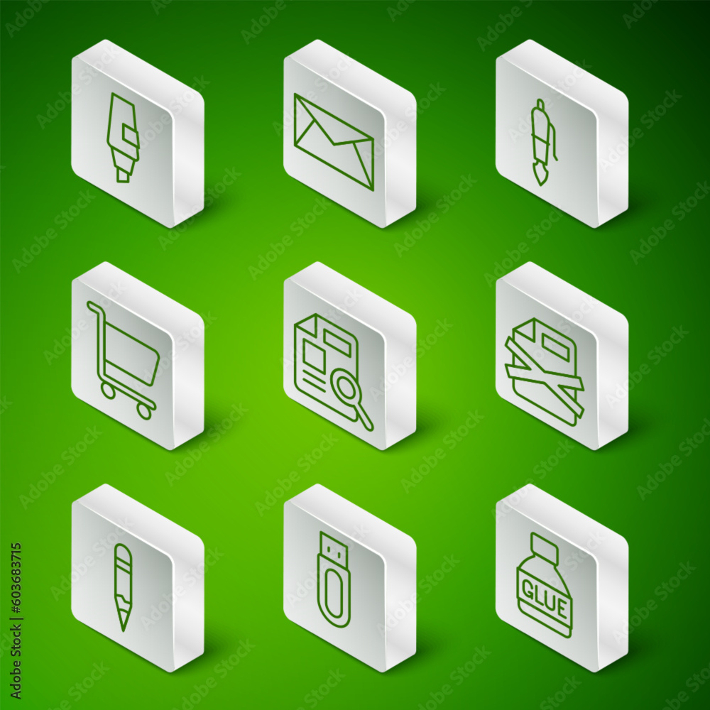 Set line Glue, USB flash drive, Marker pen, Document with graph chart, Shopping cart, Mail and e-mail, Pencil and Delete file document icon. Vector Set line Glue, USB flash drive, Marker pen, Document with graph chart, Shopping cart, Mail and e-mail, Pencil and Delete file document icon. Vector