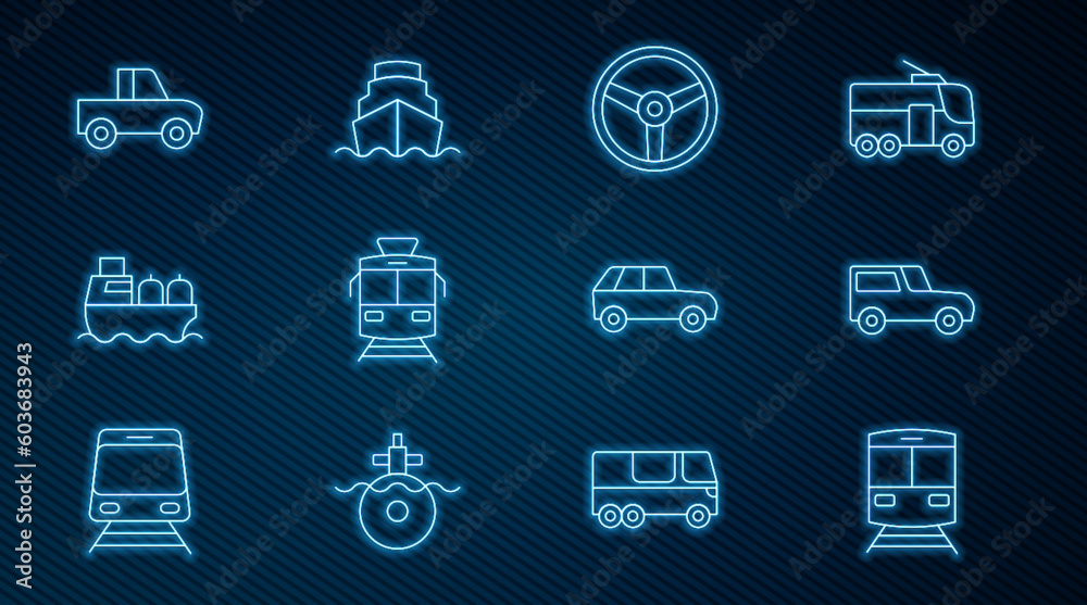 Set line Train and railway, Car, Steering wheel, Tram, Oil tanker ship, Pickup truck, and Cruise icon. Vector Set line Train and railway, Car, Steering wheel, Tram, Oil tanker ship, Pickup truck, and Cruise icon. Vector