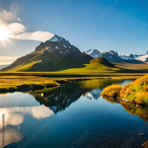 Gorgeous landscape with lake and mountains
