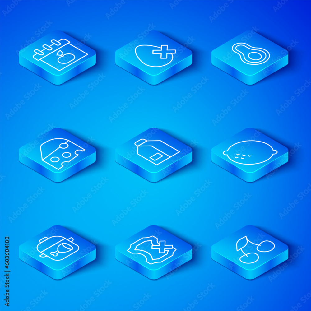 Set line Cooking pot and chicken leg, Paper package for milk, No leather, Lemon, Avocado fruit, Cheese, World Vegetarian day and Fresh berries icon. Vector Set line Cooking pot and chicken leg, Paper package for milk, No leather, Lemon, Avocado fruit, Cheese, World Vegetarian day and Fresh berries icon. Vector