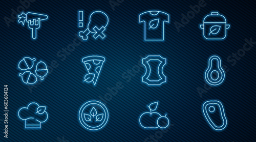 Set line Steak meat, Avocado fruit, Vegan shirt, pizza slice, Acorn, Carrot, Leather and No chicken leg icon. Vector