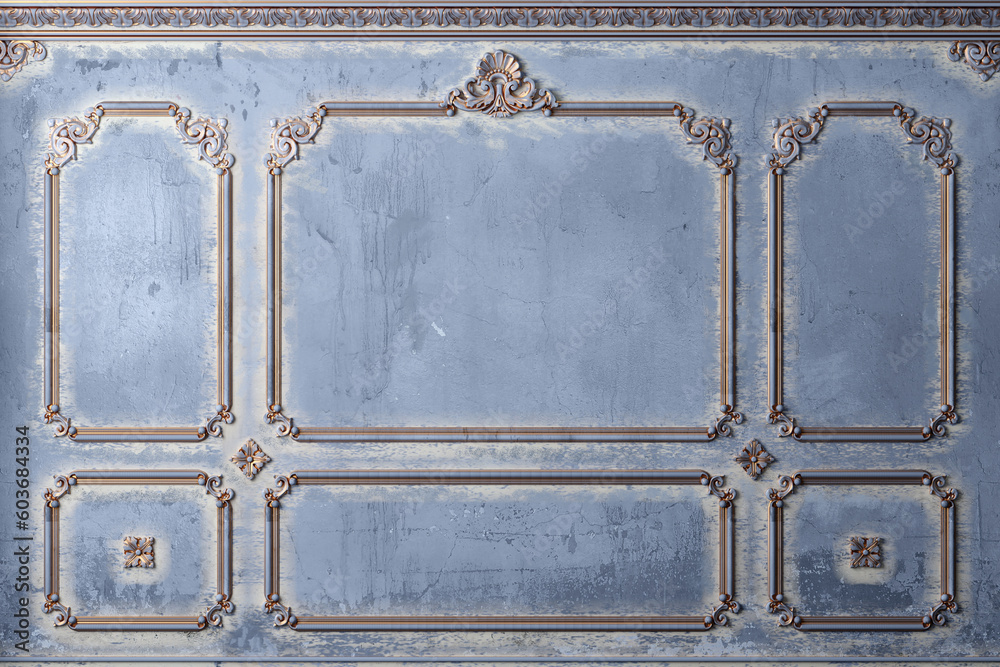 Classic wall of old gold stucco panels blue paint - obrazy, fototapety, plakaty 