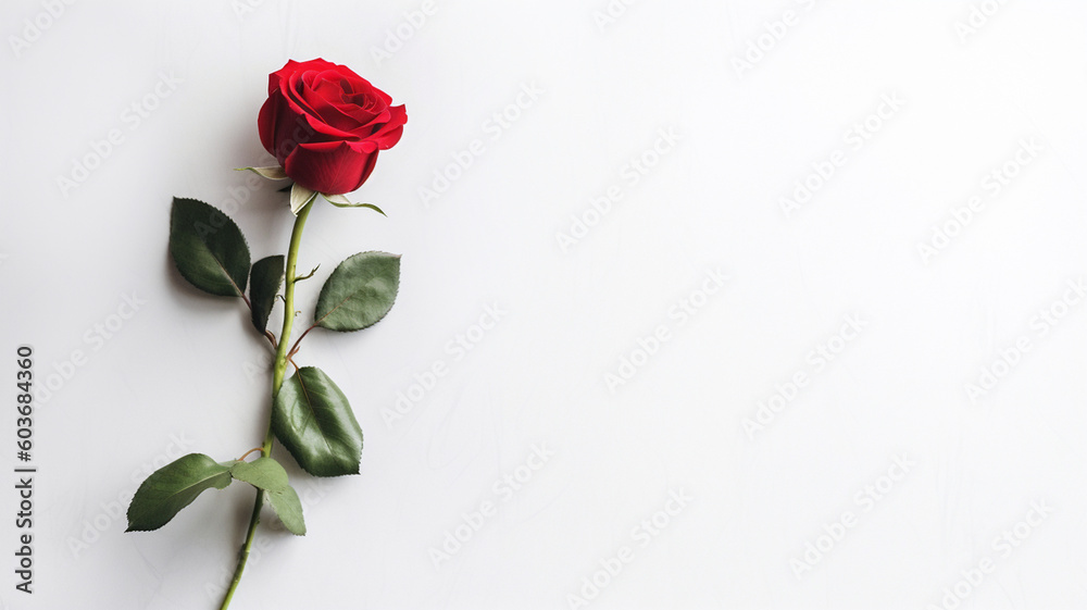 Minimalistic white background with red rose