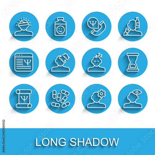 Set line Psychology book, Medicine pill or tablet, Concussion, headache, Solution problem psychology, Old hourglass and Dreams icon. Vector