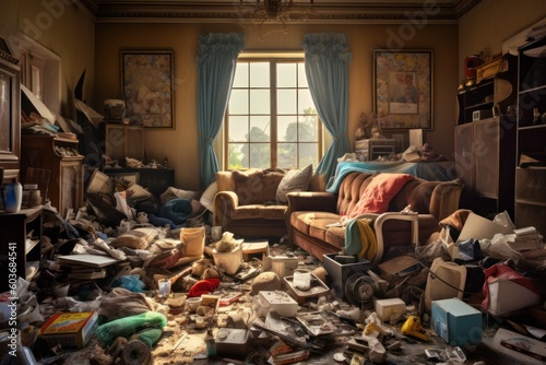 The interior of the living room of a once cozy house is incredibly cluttered with a variety of garbage, ai tools generated image